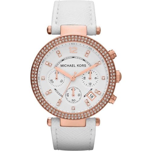 Michael Kors Ladies Parker Rose Gold/White Leather Chronograph Watch - MK2281